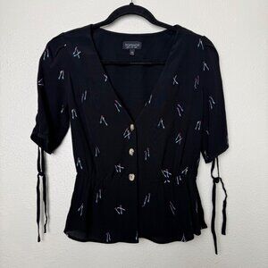 Topshop Arrow Embroidered Button Blouse V-Neck Button Closure Black Sz 2